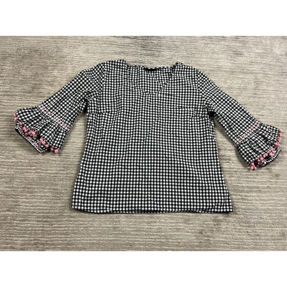 Baku Blouse Womens M Black Gingham V-Neck Pink Pom-Pom Bell Sleeve Boho BCFU0288